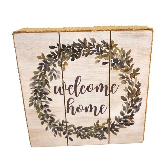 Rustic Wooden Welcome Home Sign With Leaf Wreath Design Burlap Edges Square 5.5" - Picture 4 of 5